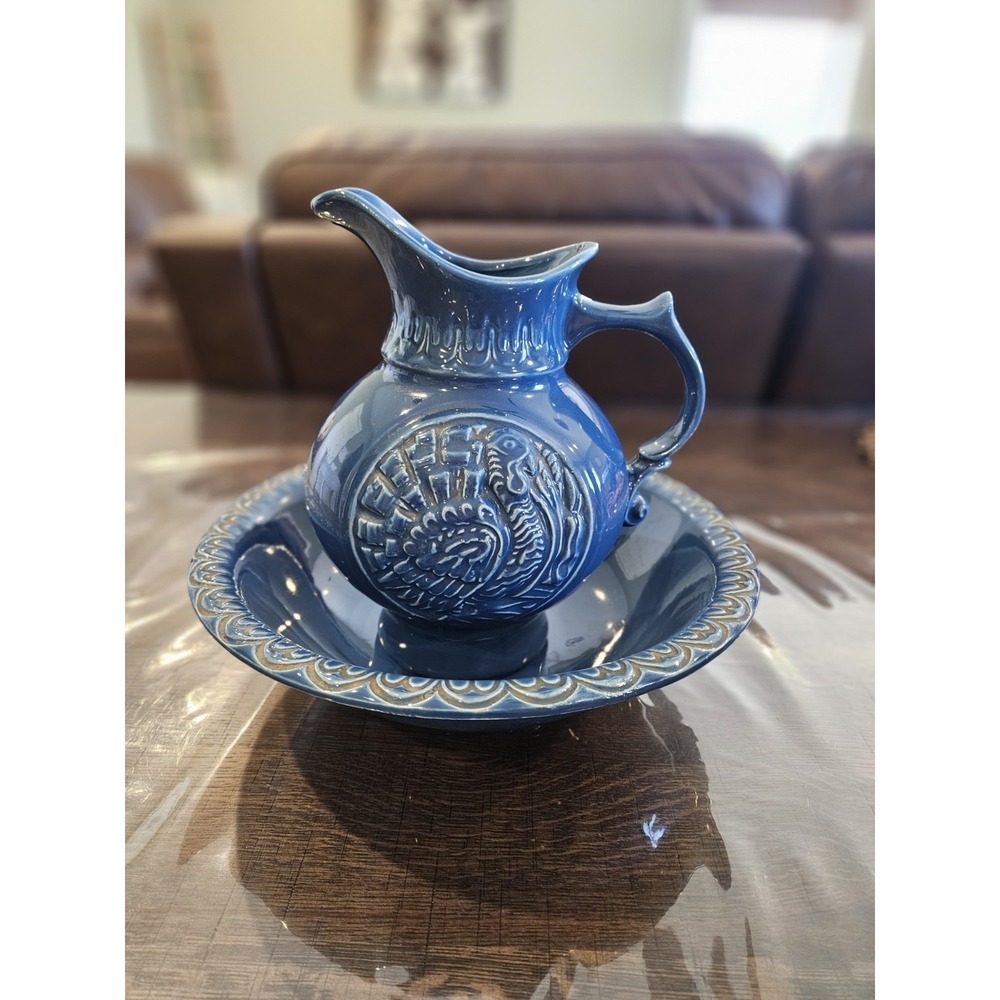 McCoy USA Made Pottery Blue Glazed Turkey Bowl & Pitcher Very Small Chip